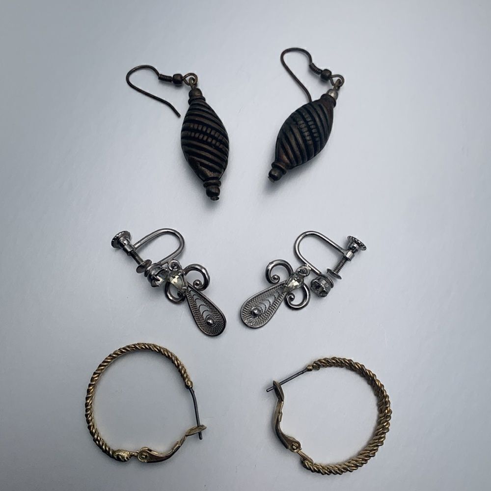 Vintage SET of 3 PAIRS of Varied Metalwork earrings, Unmarked